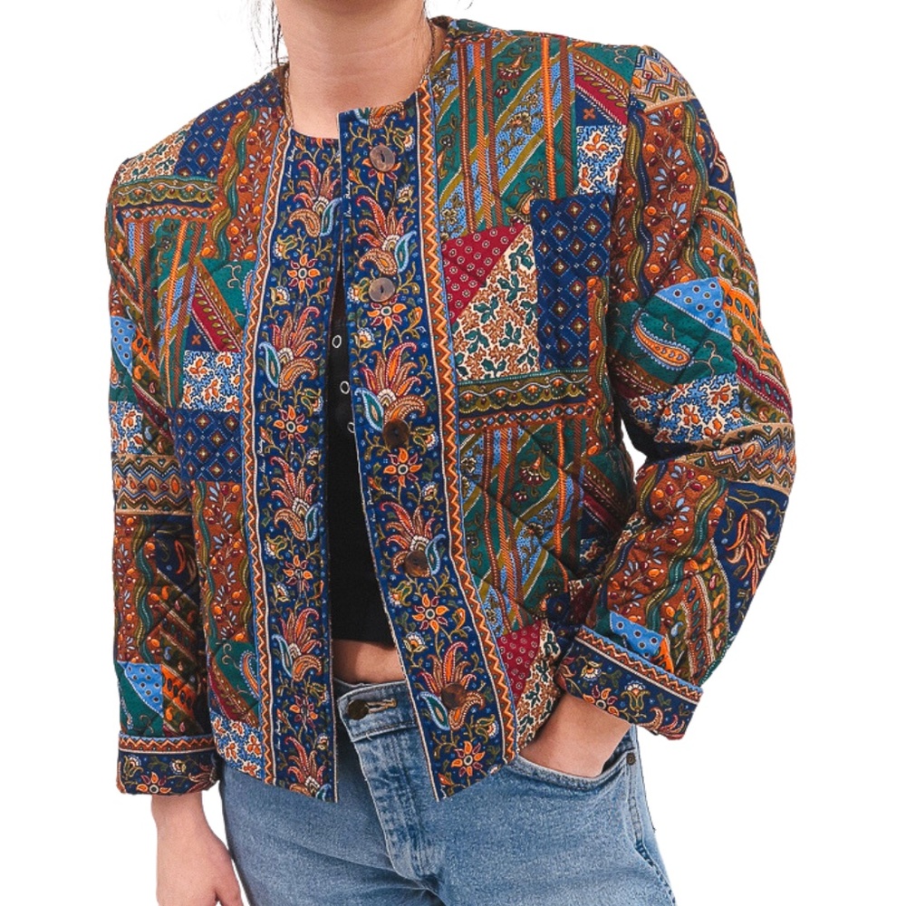 Vintage Multicolor Patchwork Quilted Jacket - Blue, Green, Brown